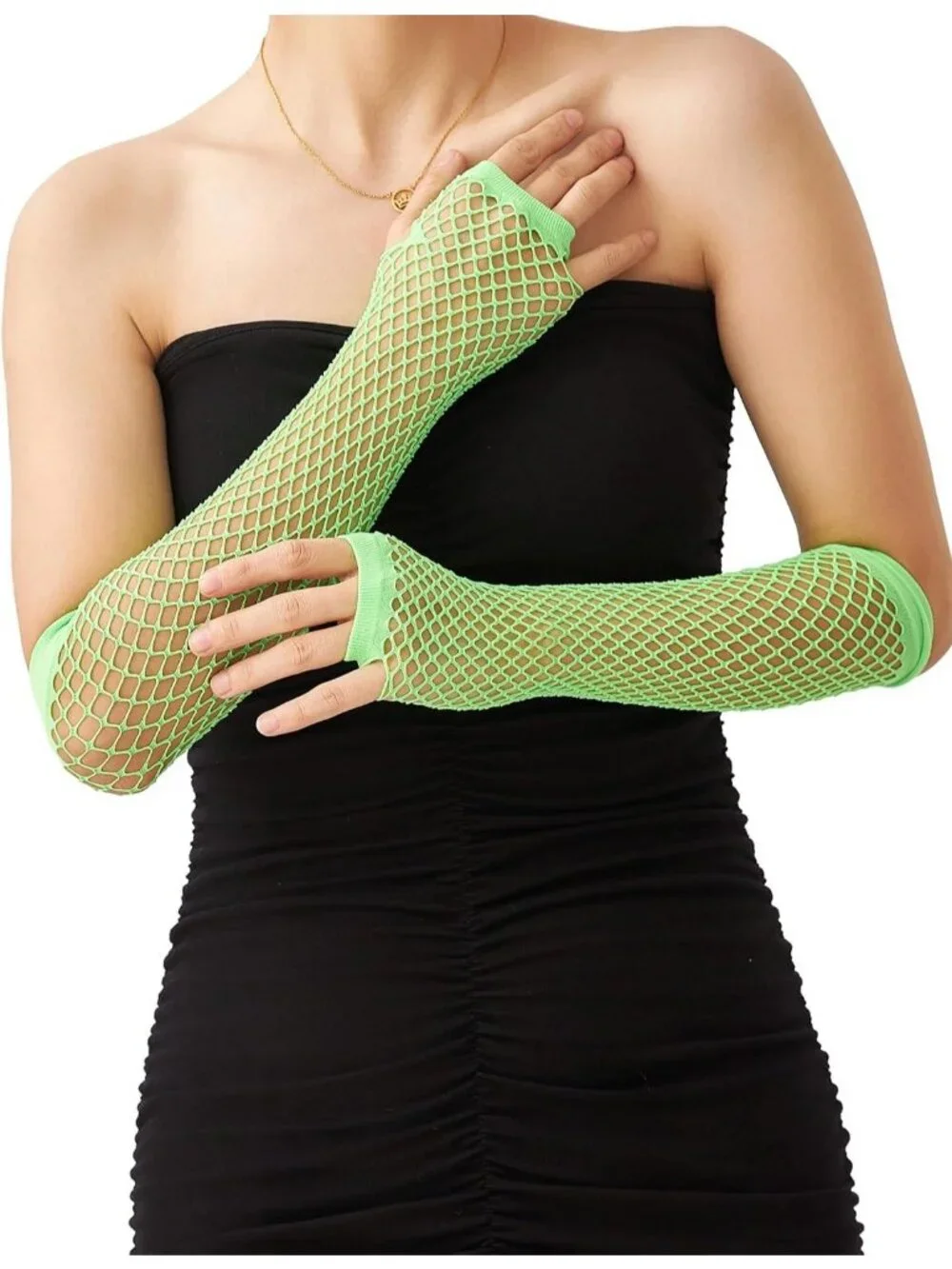 Women's Green Fishnet Fingerless Gloves Gothic Punk Emo 80s Scene Arm Sleeves